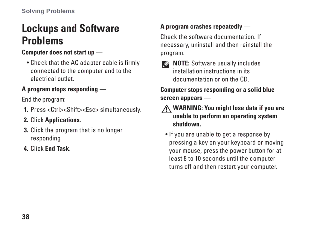 Dell 1370, P06S001, MV909 setup guide Computer does not start up, Program stops responding, Click Applications 