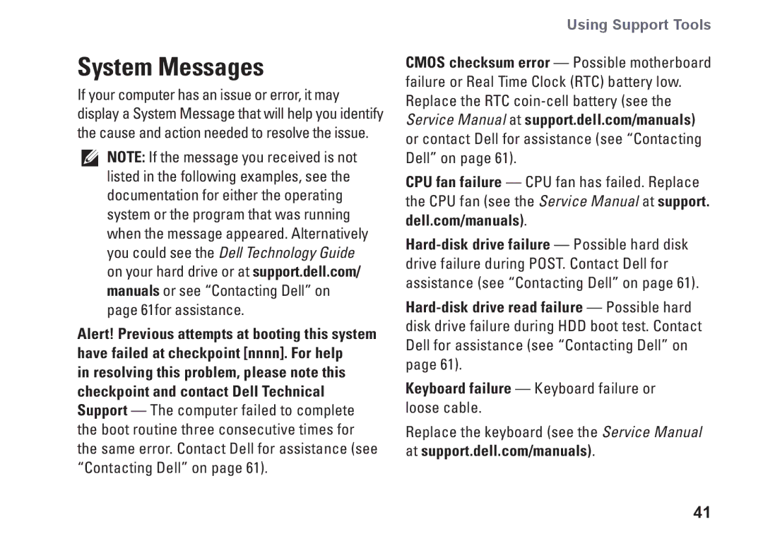 Dell MV909, 1370, P06S001 setup guide System Messages, Using Support Tools 