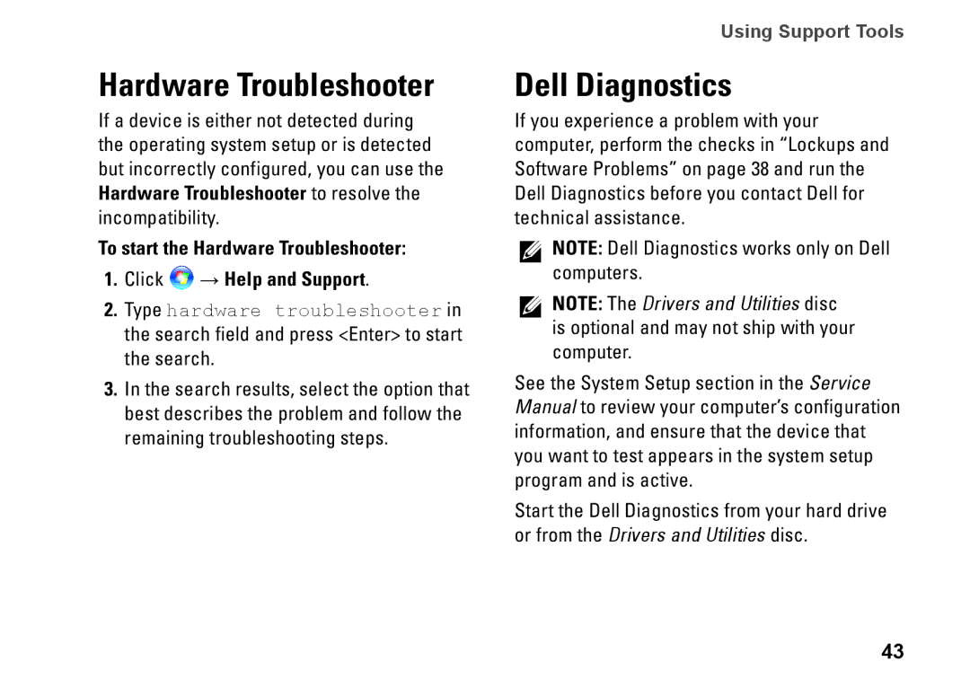 Dell P06S001, 1370, MV909 setup guide Hardware Troubleshooter, Dell Diagnostics 