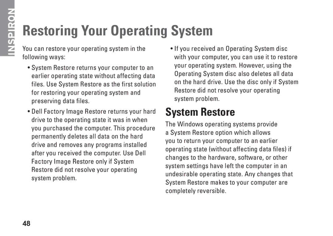 Dell 1370, P06S001, MV909 setup guide Restoring Your Operating System, System Restore 