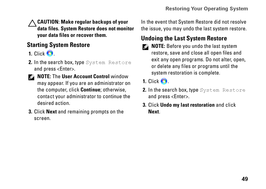 Dell MV909, 1370 Starting System Restore, Undoing the Last System Restore, Click Undo my last restoration and click Next 