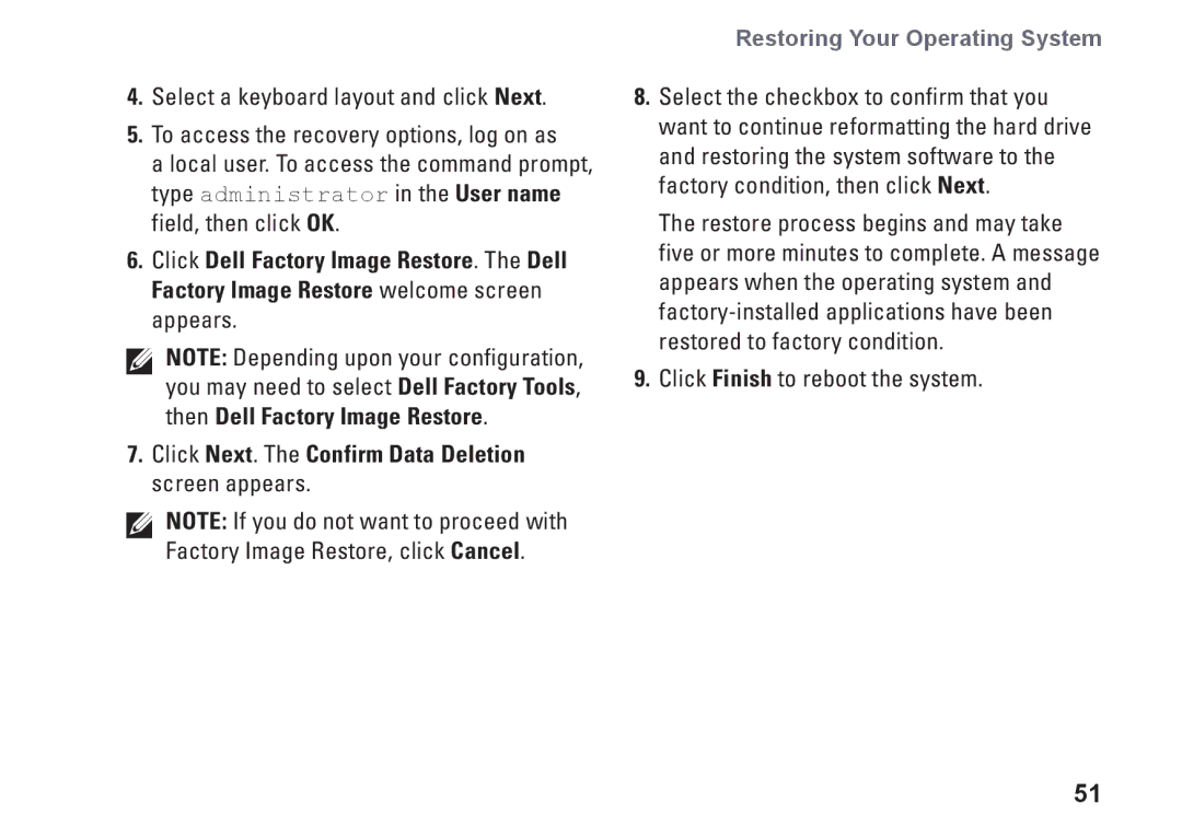 Dell P06S001, 1370, MV909 setup guide Restoring Your Operating System 