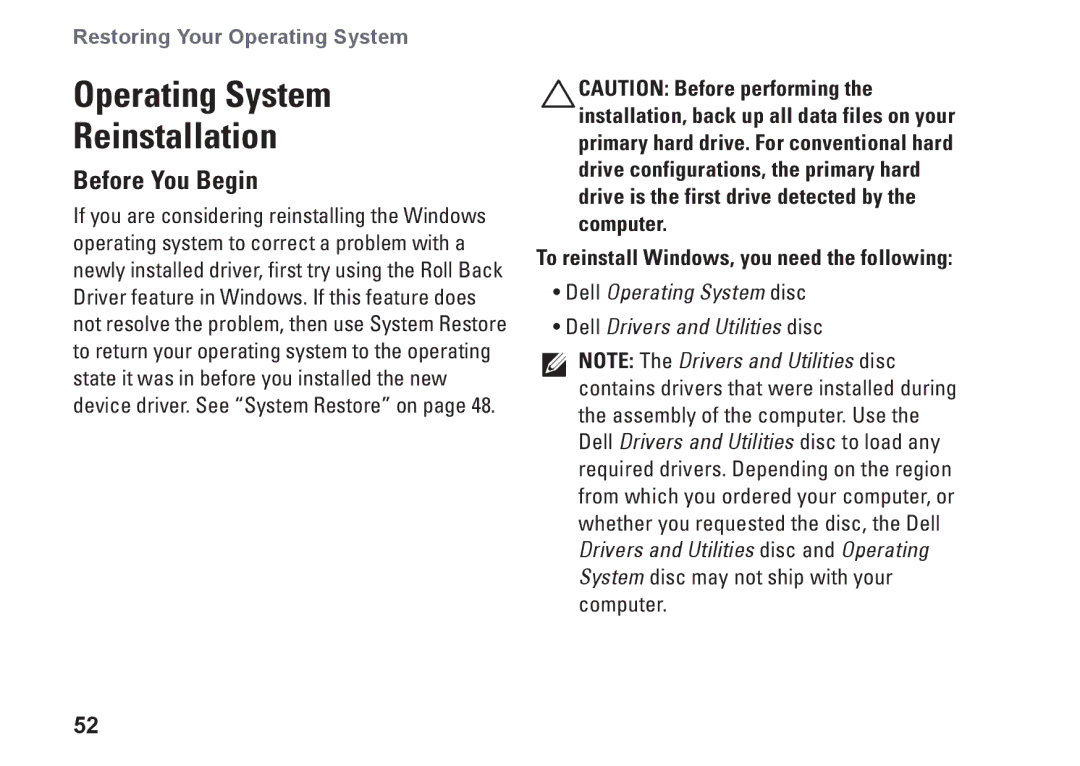 Dell 1370, P06S001 Operating System Reinstallation, Before You Begin, To reinstall Windows, you need the following 