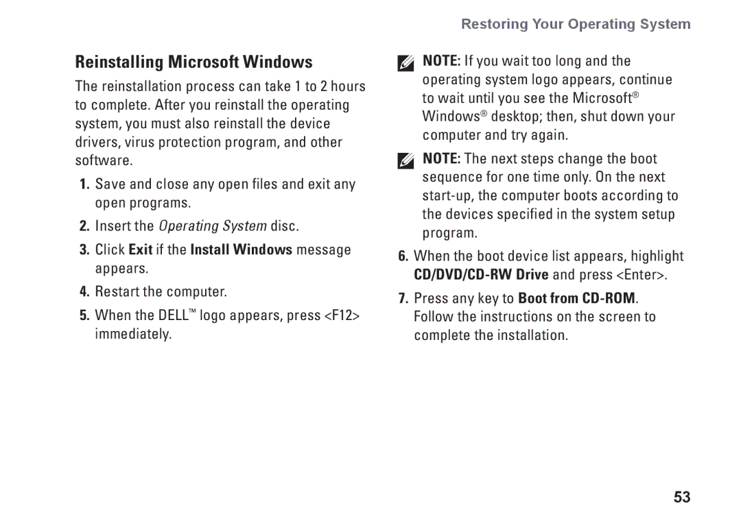 Dell MV909, 1370, P06S001 setup guide Reinstalling Microsoft Windows, Click Exit if the Install Windows message appears 