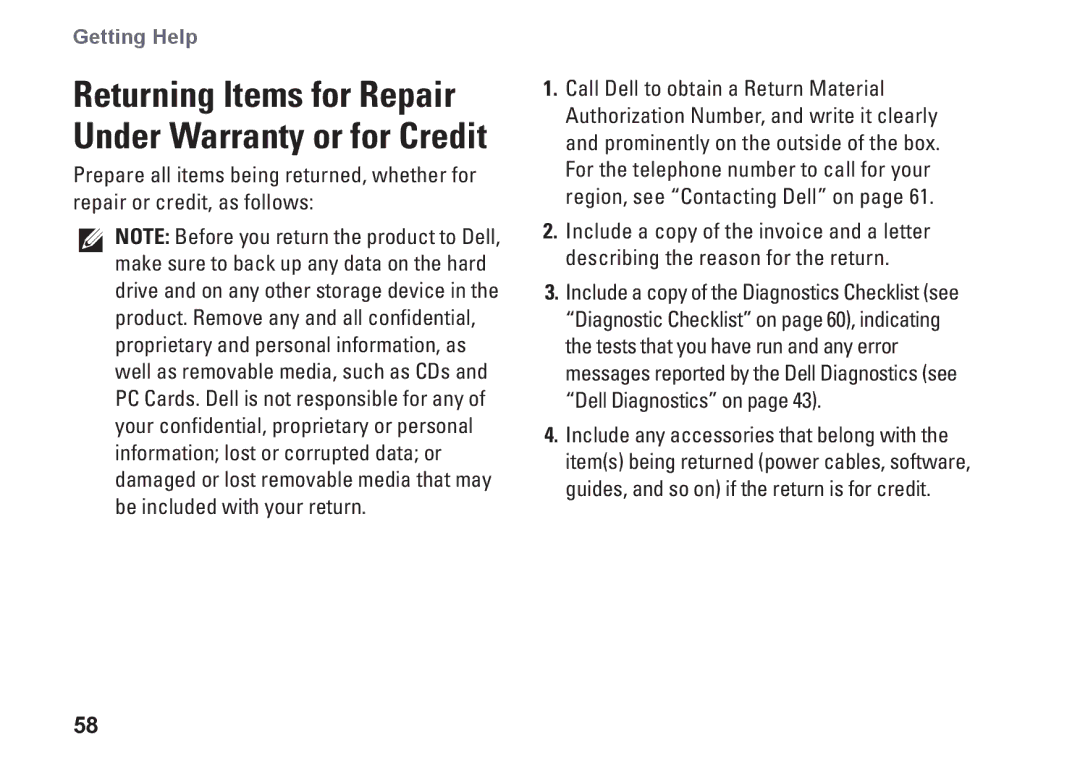 Dell 1370, P06S001, MV909 setup guide Returning Items for Repair Under Warranty or for Credit 