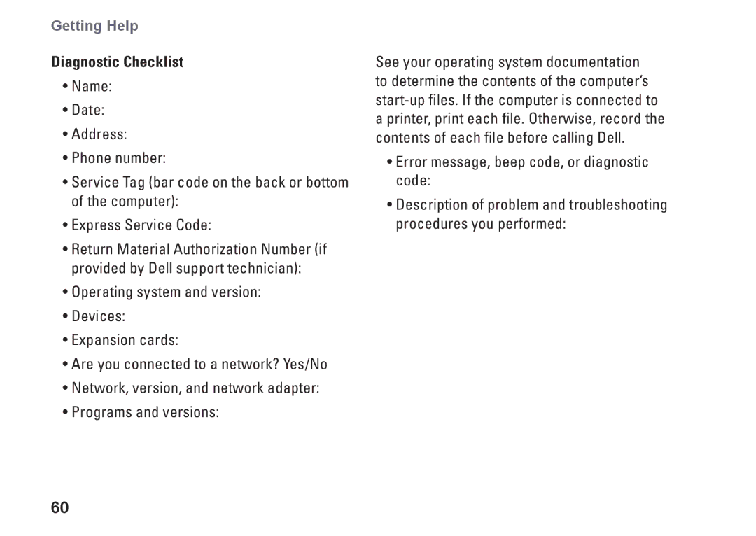 Dell 1370, P06S001, MV909 setup guide Diagnostic Checklist 