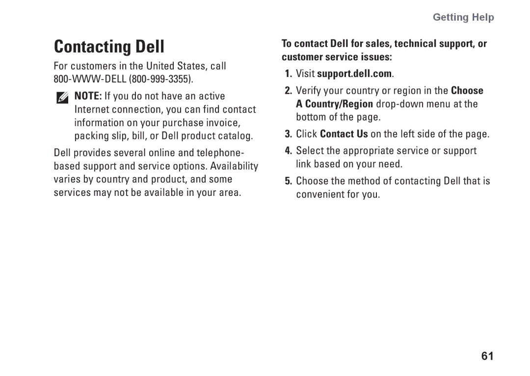 Dell MV909, 1370, P06S001 setup guide Contacting Dell, For customers in the United States, call 800-WWW-DELL 