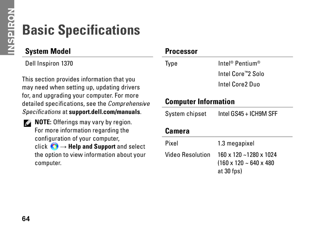 Dell 1370, P06S001, MV909 setup guide Basic Specifications, System Model, Processor, Computer Information, Camera 