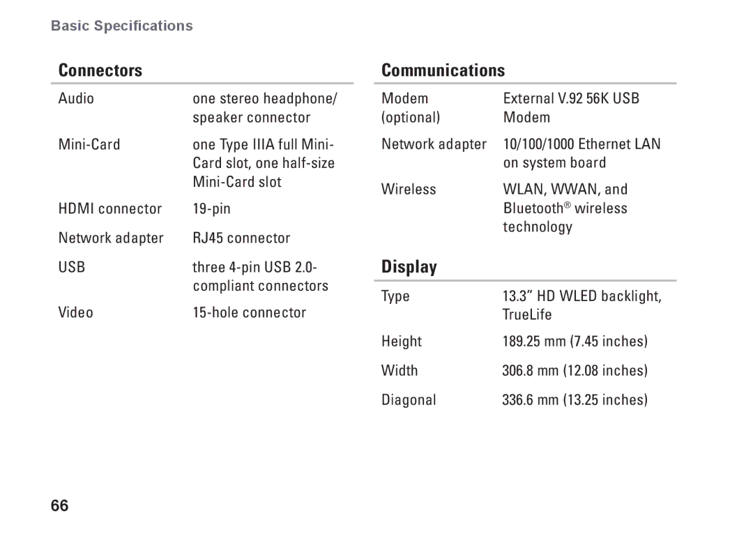 Dell 1370, P06S001, MV909 setup guide Connectors, Communications, Display 