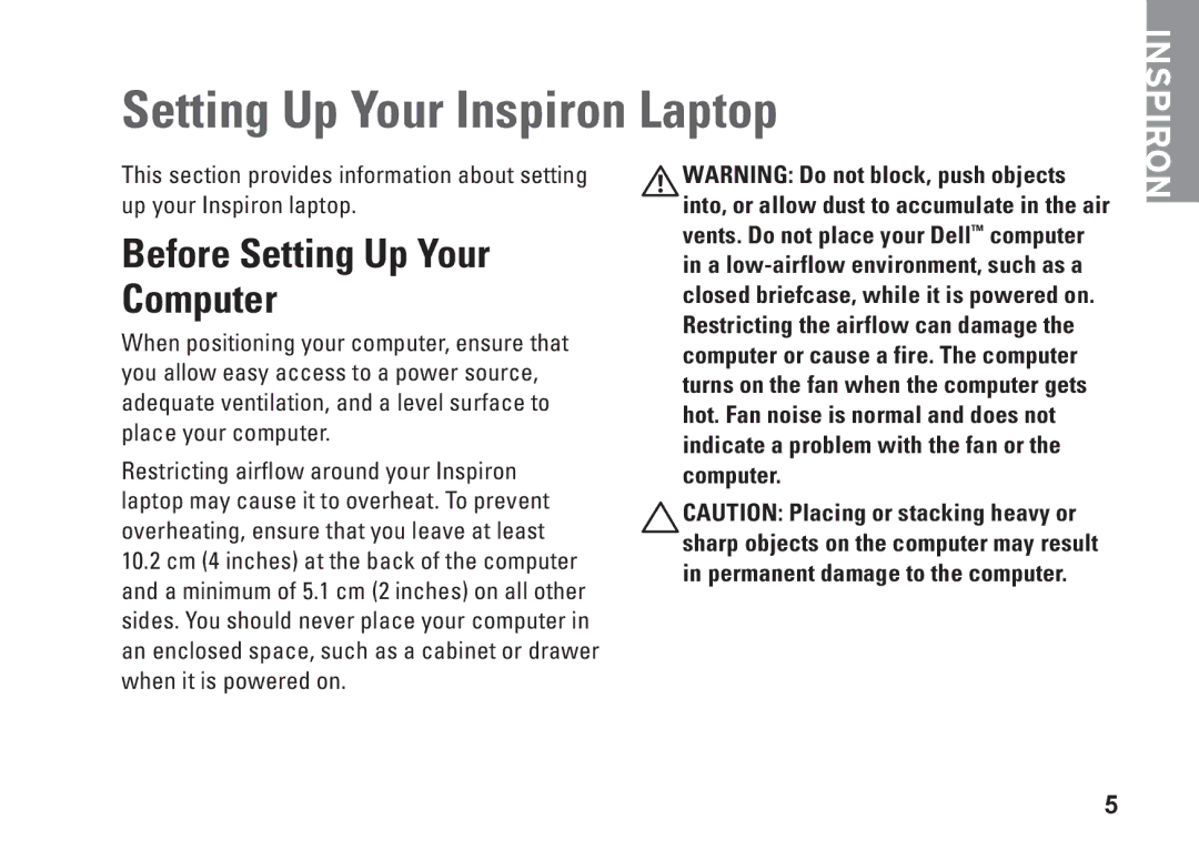 Dell MV909, 1370, P06S001 setup guide Setting Up Your Inspiron Laptop, Before Setting Up Your Computer 