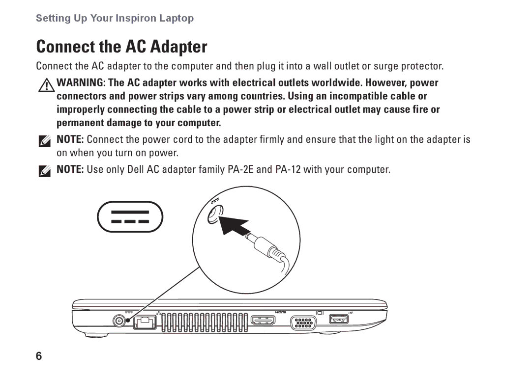 Dell 1370, P06S001, MV909 setup guide Connect the AC Adapter 