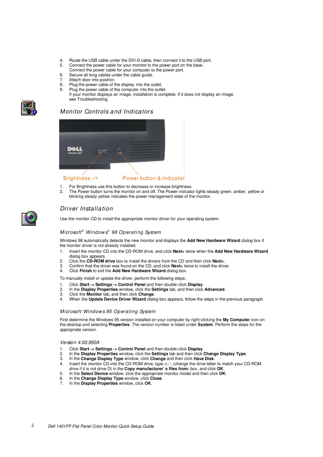 Dell 1401FP setup guide Monitor Controls and Indicators, Driver Installation, Microsoftâ Windowsâ 98 Operating System 