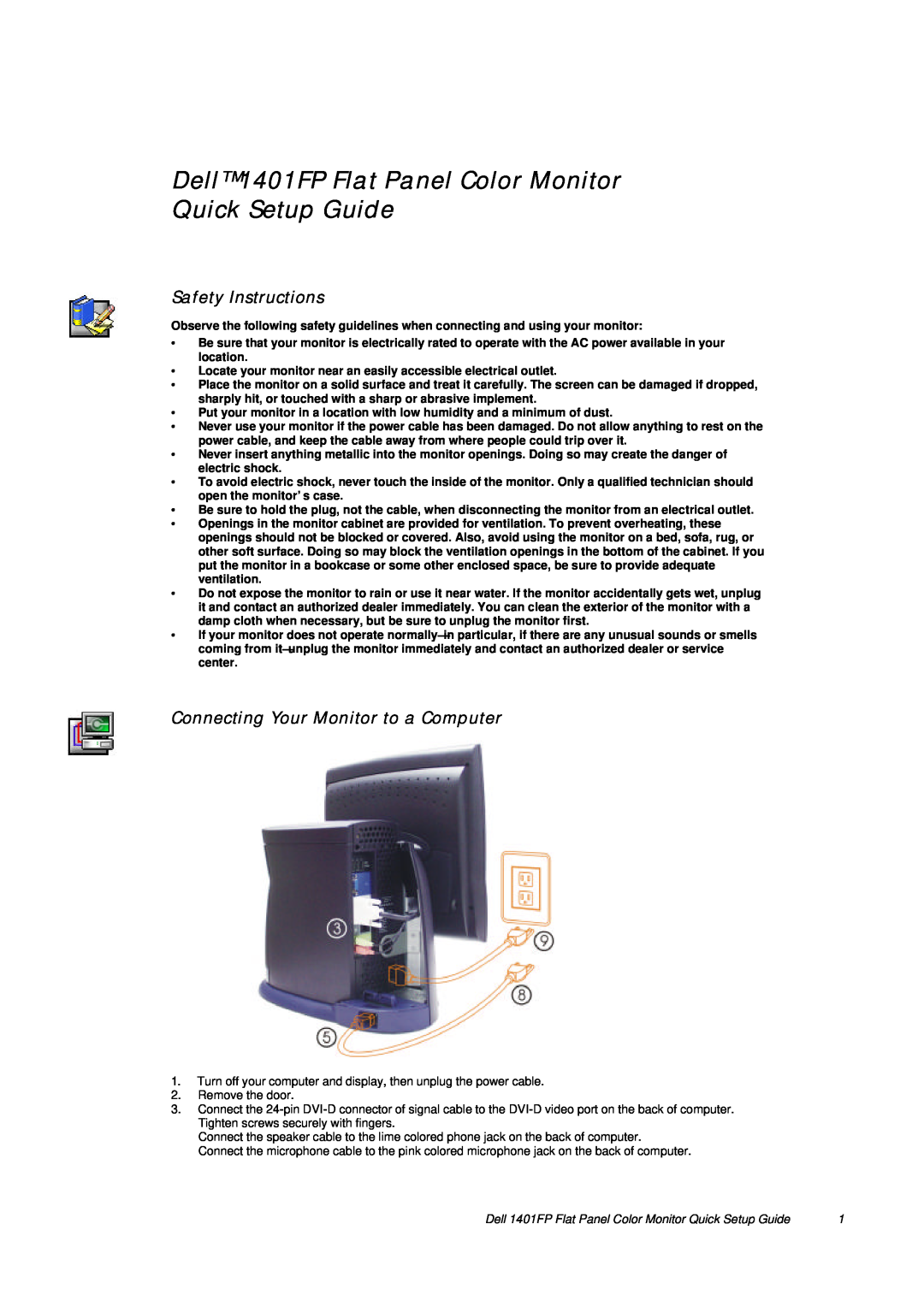 Dell 1401FP setup guide Safety Instructions, Connecting Your Monitor to a Computer 