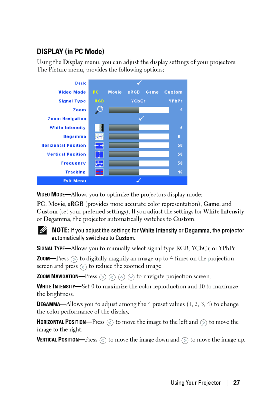 Dell 1409X manual Display in PC Mode 