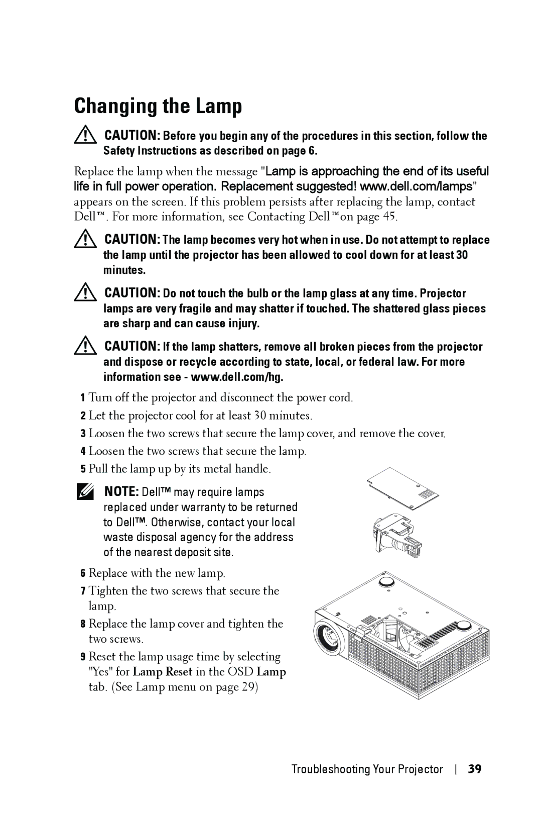 Dell 1409X manual Changing the Lamp 