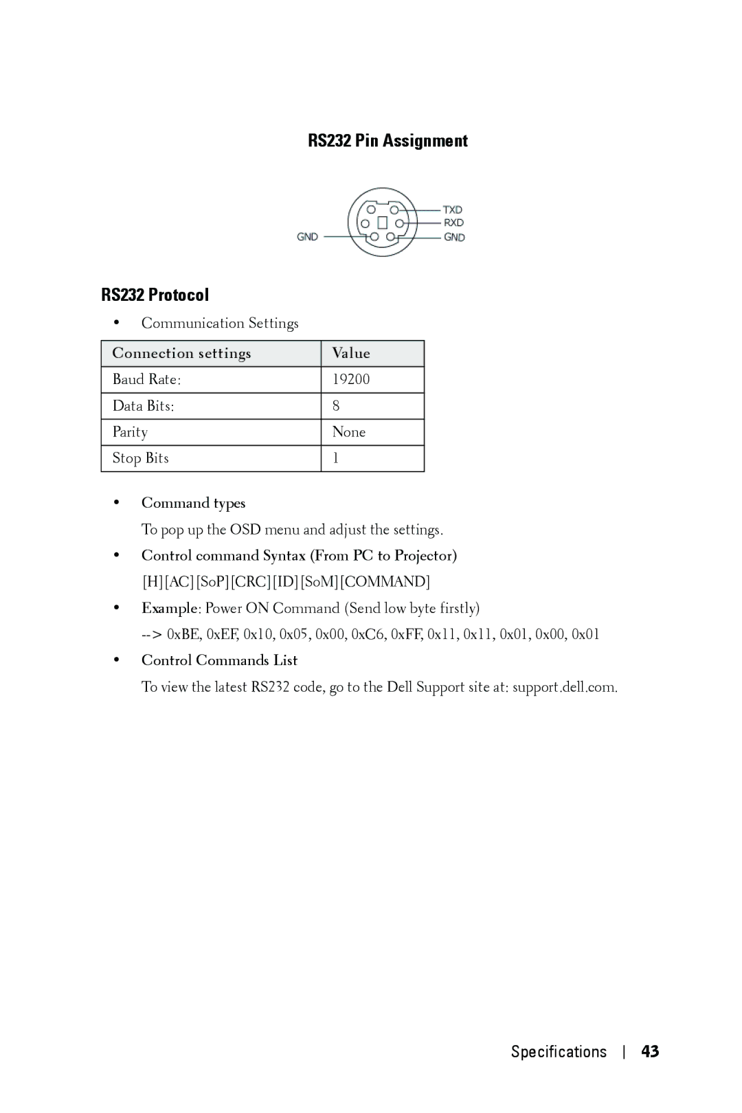 Dell 1409X manual RS232 Pin Assignment RS232 Protocol 