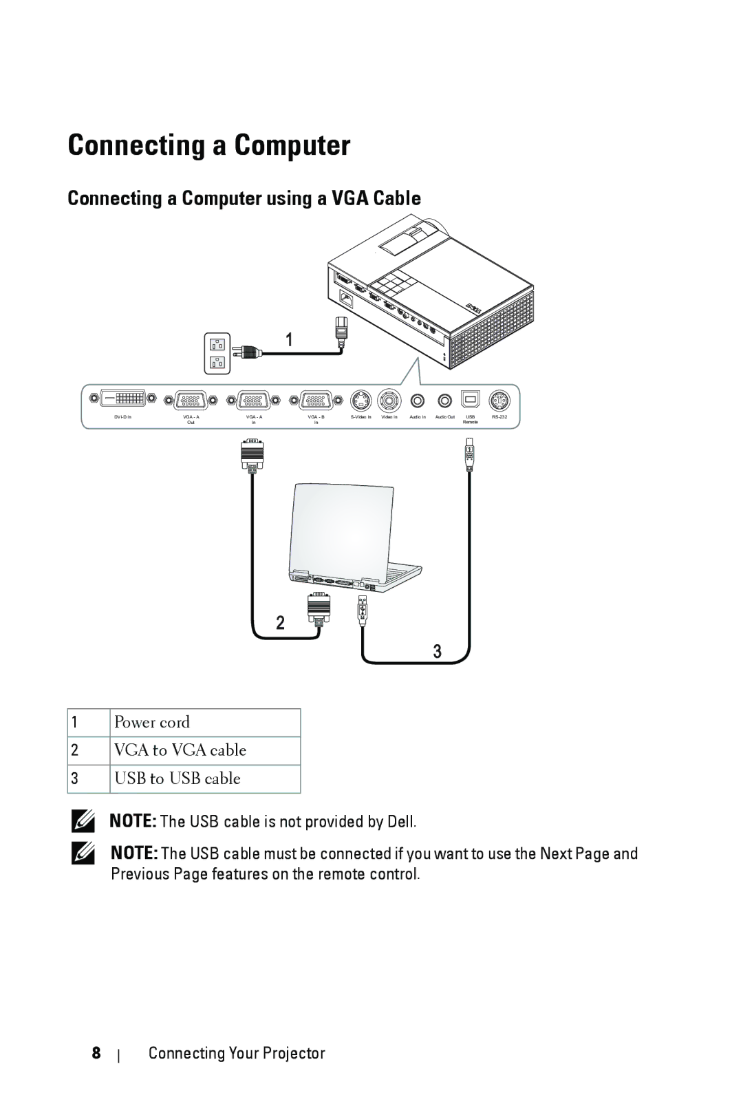 Dell 1409X manual Connecting a Computer using a VGA Cable 