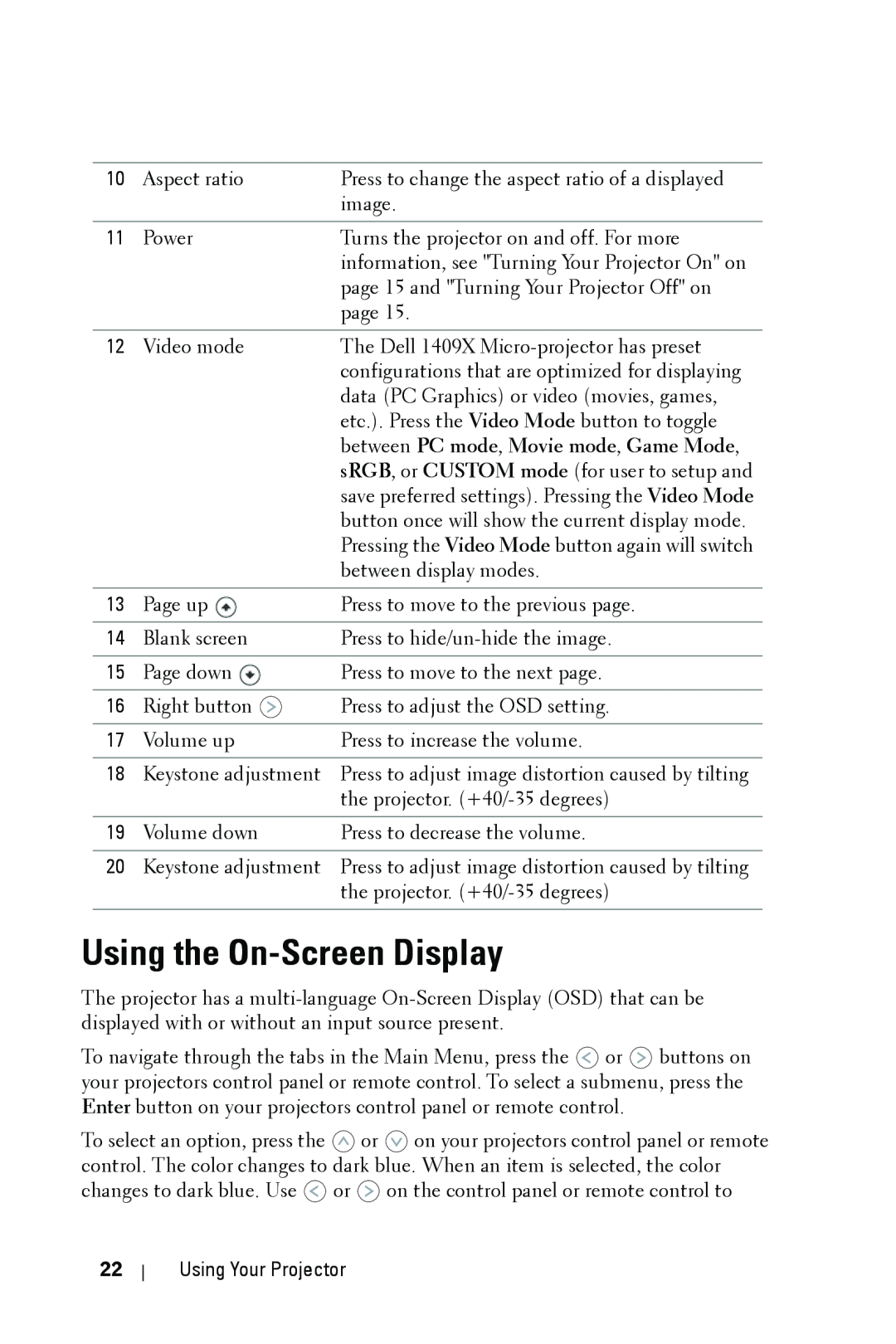 Dell 1409X manual Using the On-ScreenDisplay, between PC mode, Movie mode, Game Mode 