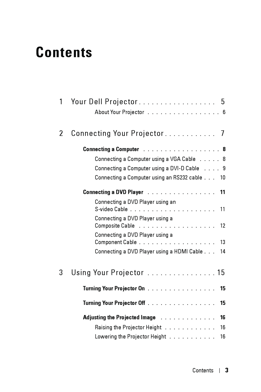 Dell 1409X manual Contents, Connecting Your Projector, Adjusting the Projected Image 