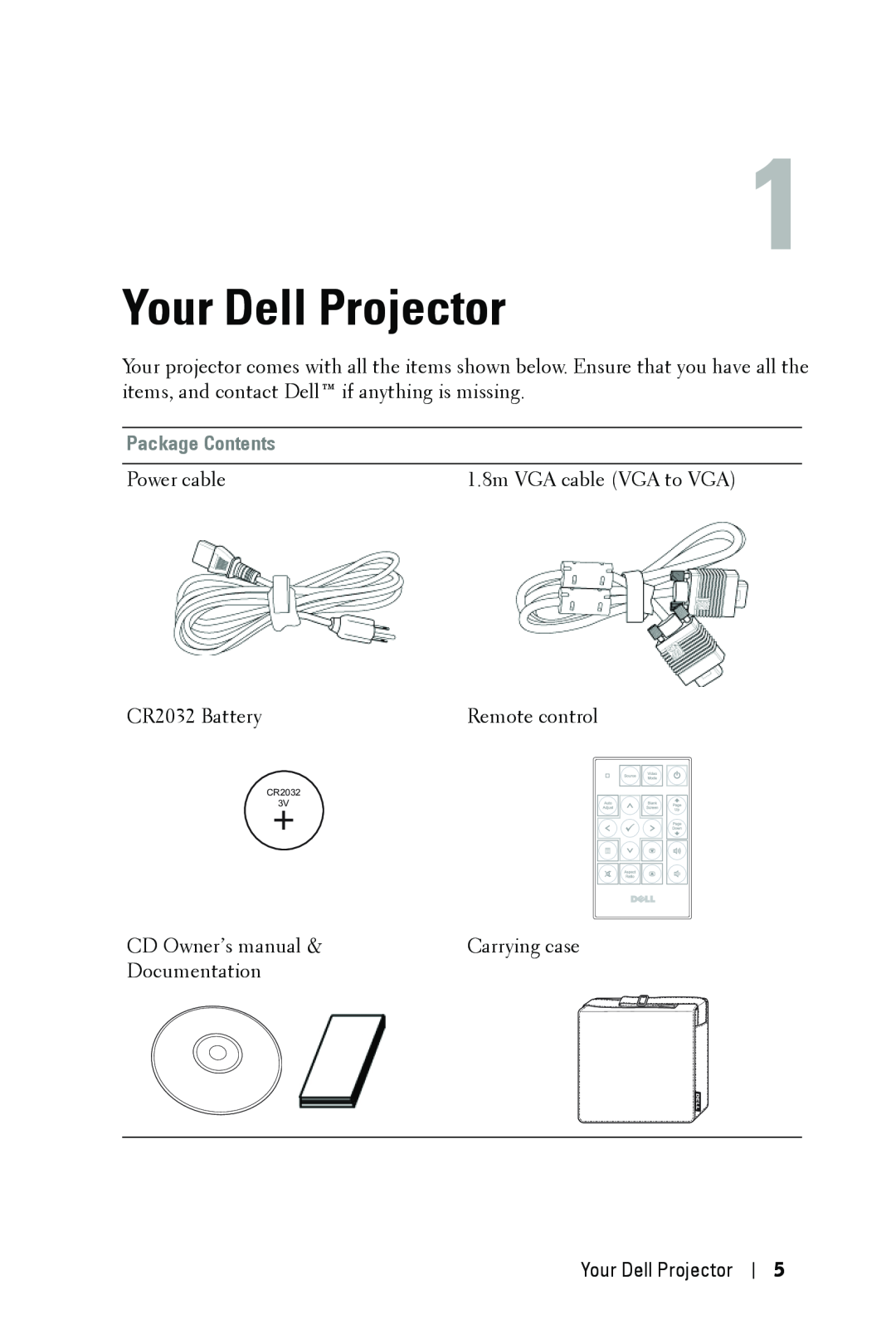Dell 1409X manual Your Dell Projector, Package Contents, CR2032 