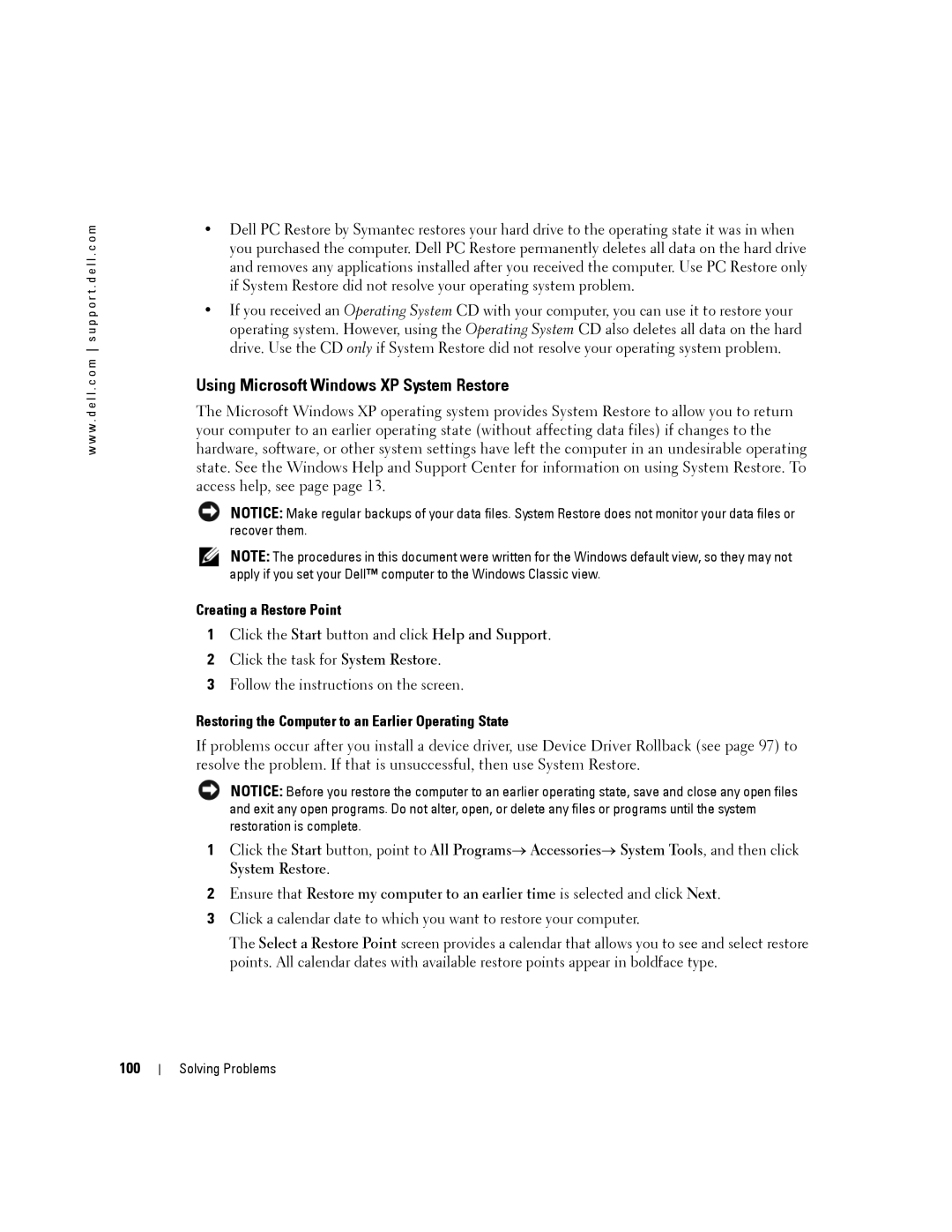 Dell 140M, PP19L owner manual Using Microsoft Windows XP System Restore, Creating a Restore Point, 100 