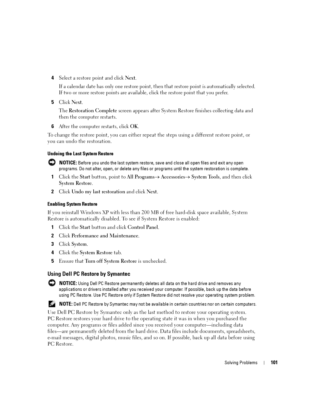 Dell PP19L, 140M Using Dell PC Restore by Symantec, Undoing the Last System Restore, Enabling System Restore, 101 