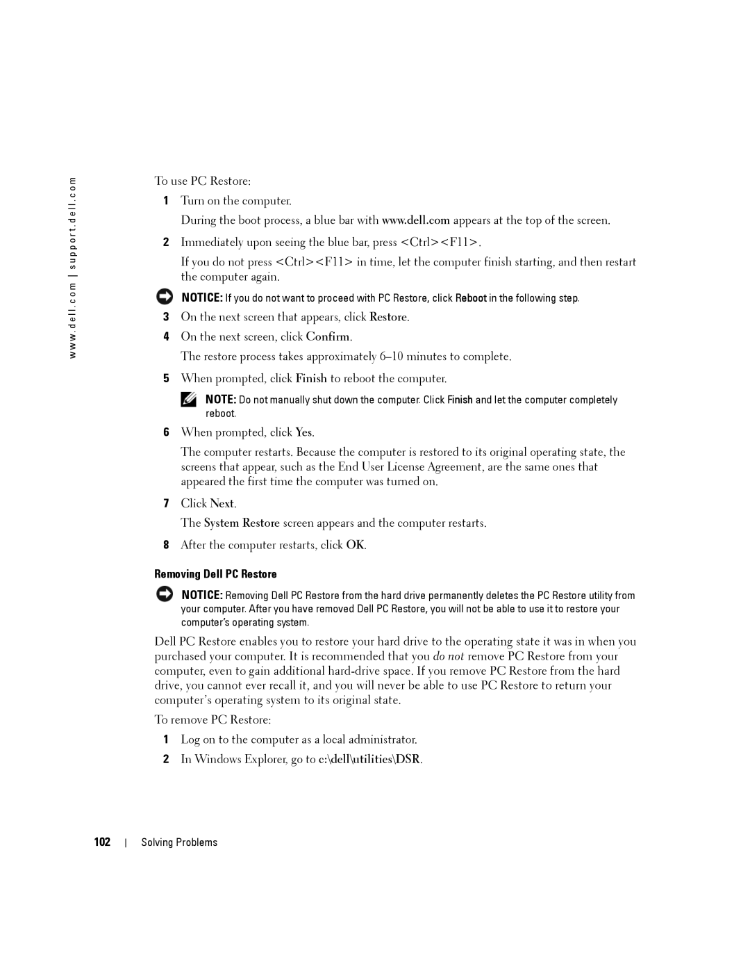 Dell 140M, PP19L owner manual Removing Dell PC Restore, 102 