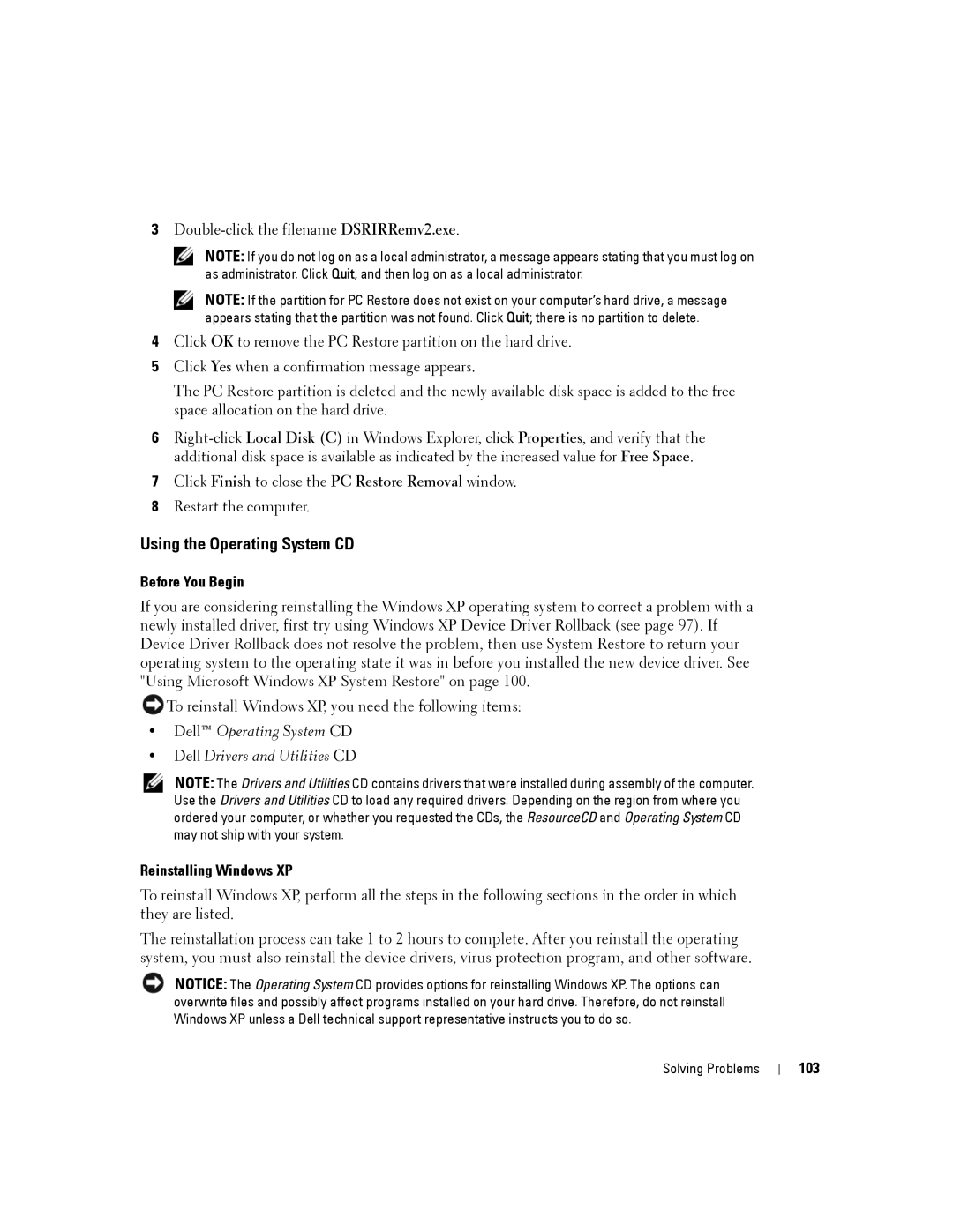 Dell PP19L, 140M owner manual Using the Operating System CD, Before You Begin, Reinstalling Windows XP, 103 