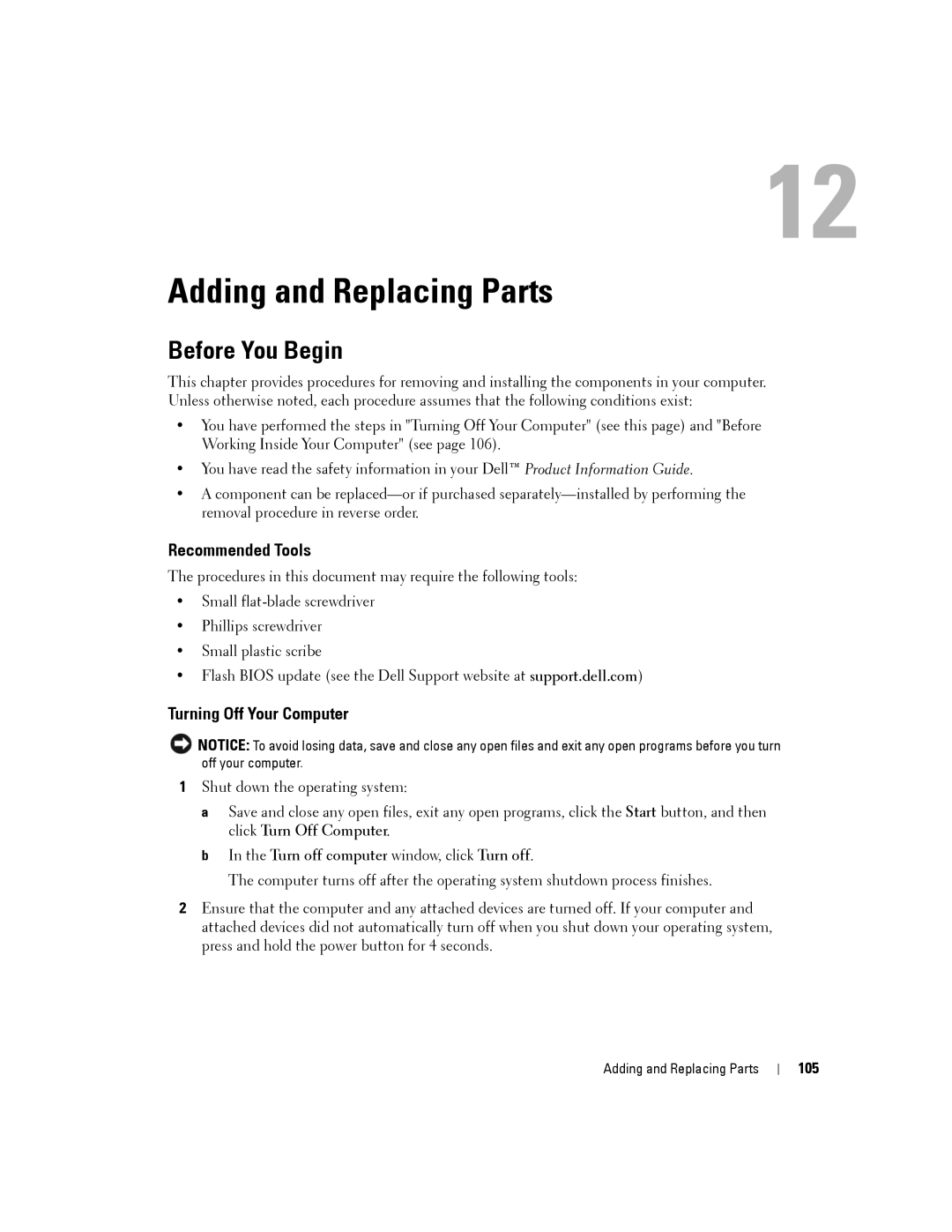 Dell PP19L, 140M Adding and Replacing Parts, Before You Begin, Recommended Tools, Turning Off Your Computer, 105 