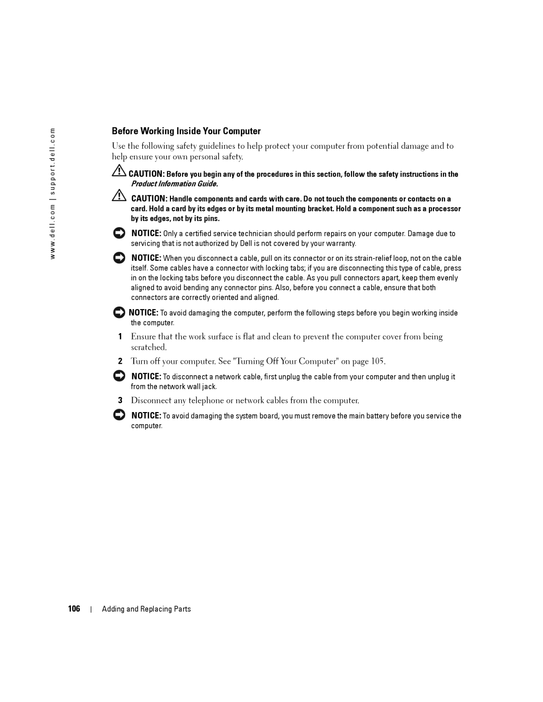 Dell 140M, PP19L owner manual Before Working Inside Your Computer, 106 