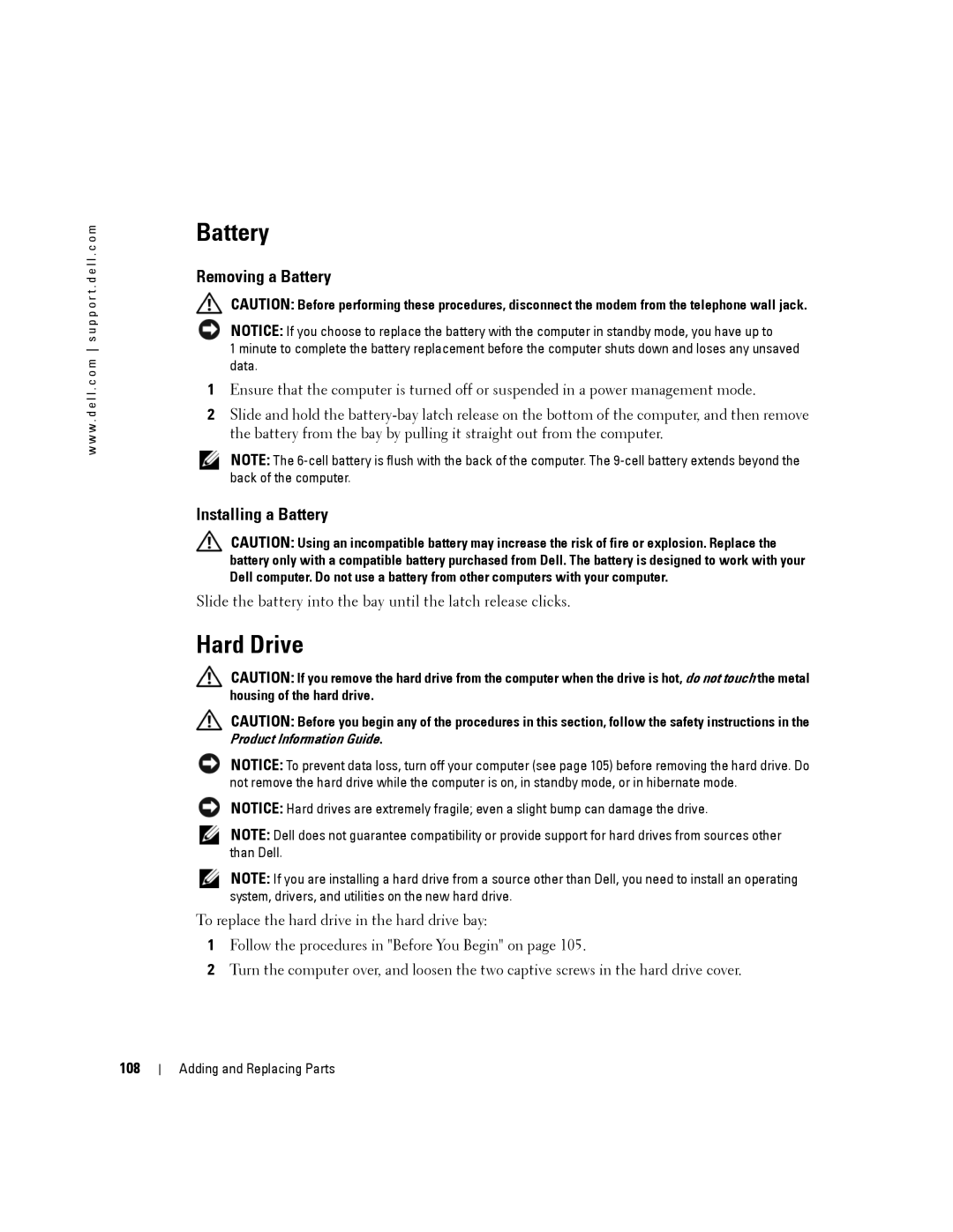 Dell 140M, PP19L owner manual Hard Drive, Removing a Battery, Installing a Battery, 108 