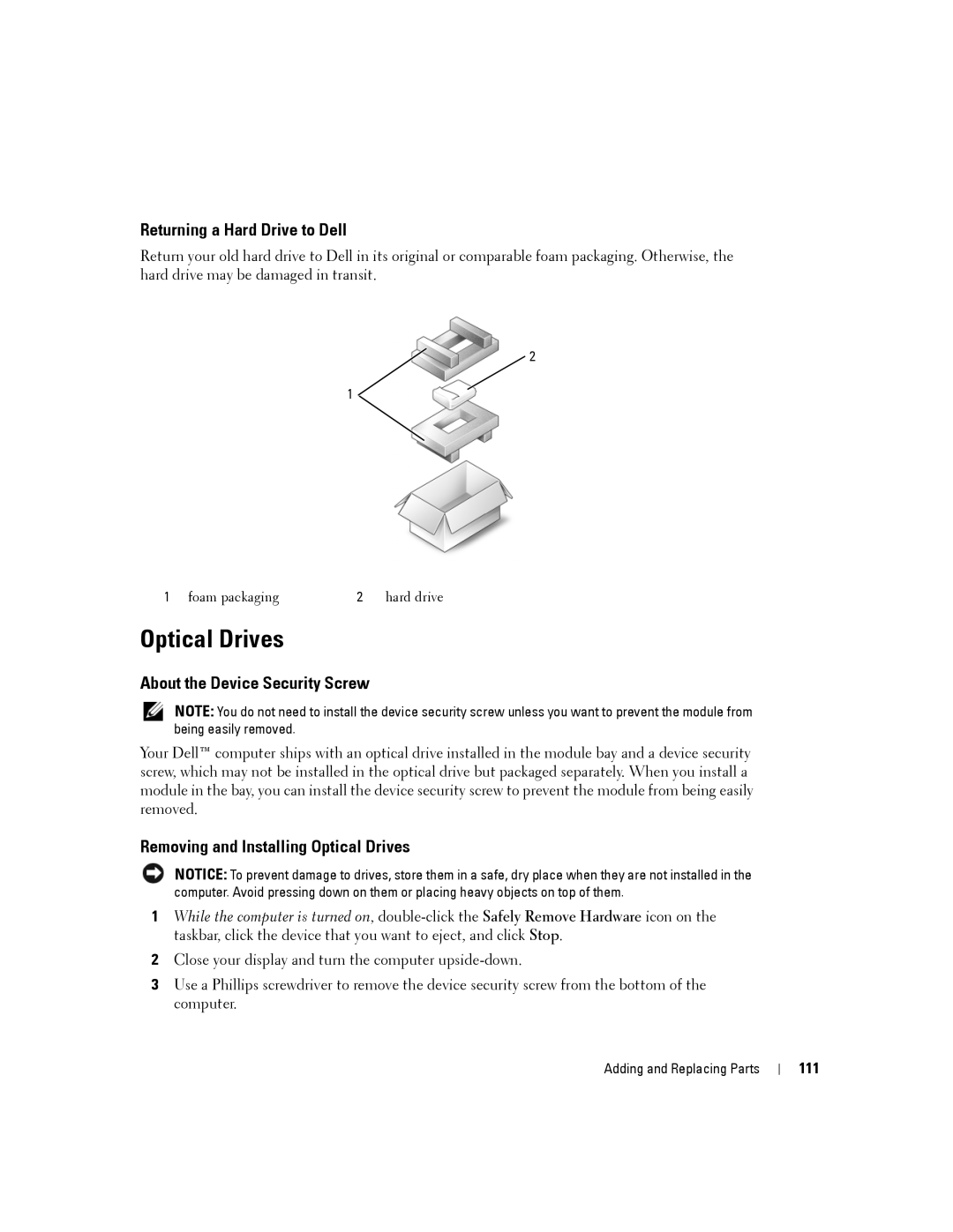 Dell PP19L, 140M owner manual Optical Drives, Returning a Hard Drive to Dell, About the Device Security Screw, 111 