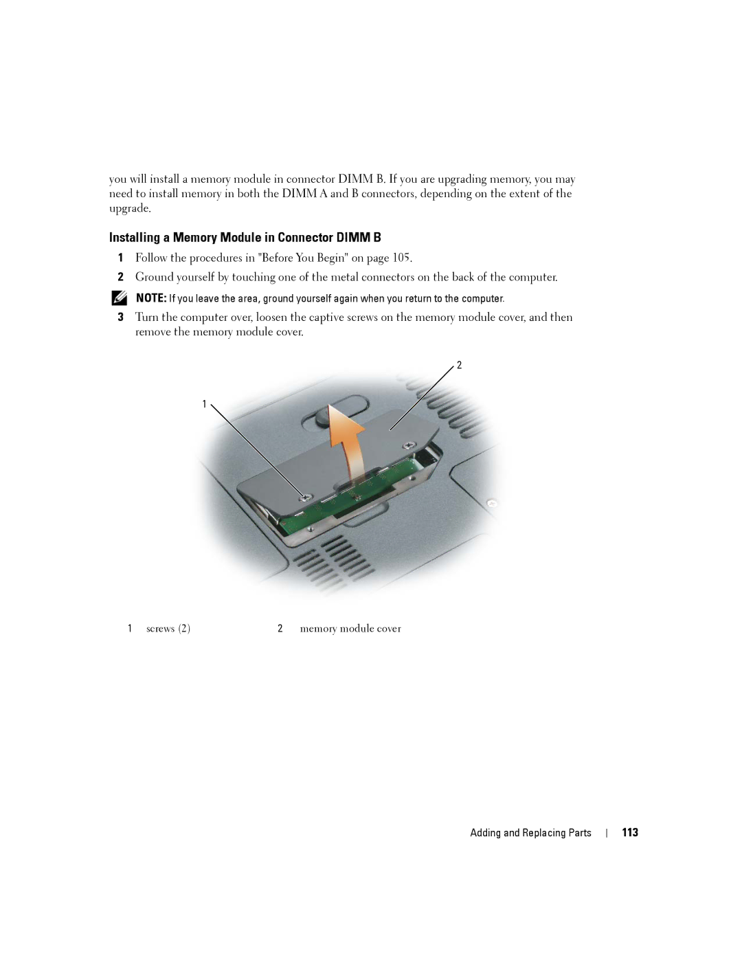 Dell PP19L, 140M owner manual Installing a Memory Module in Connector Dimm B, 113 