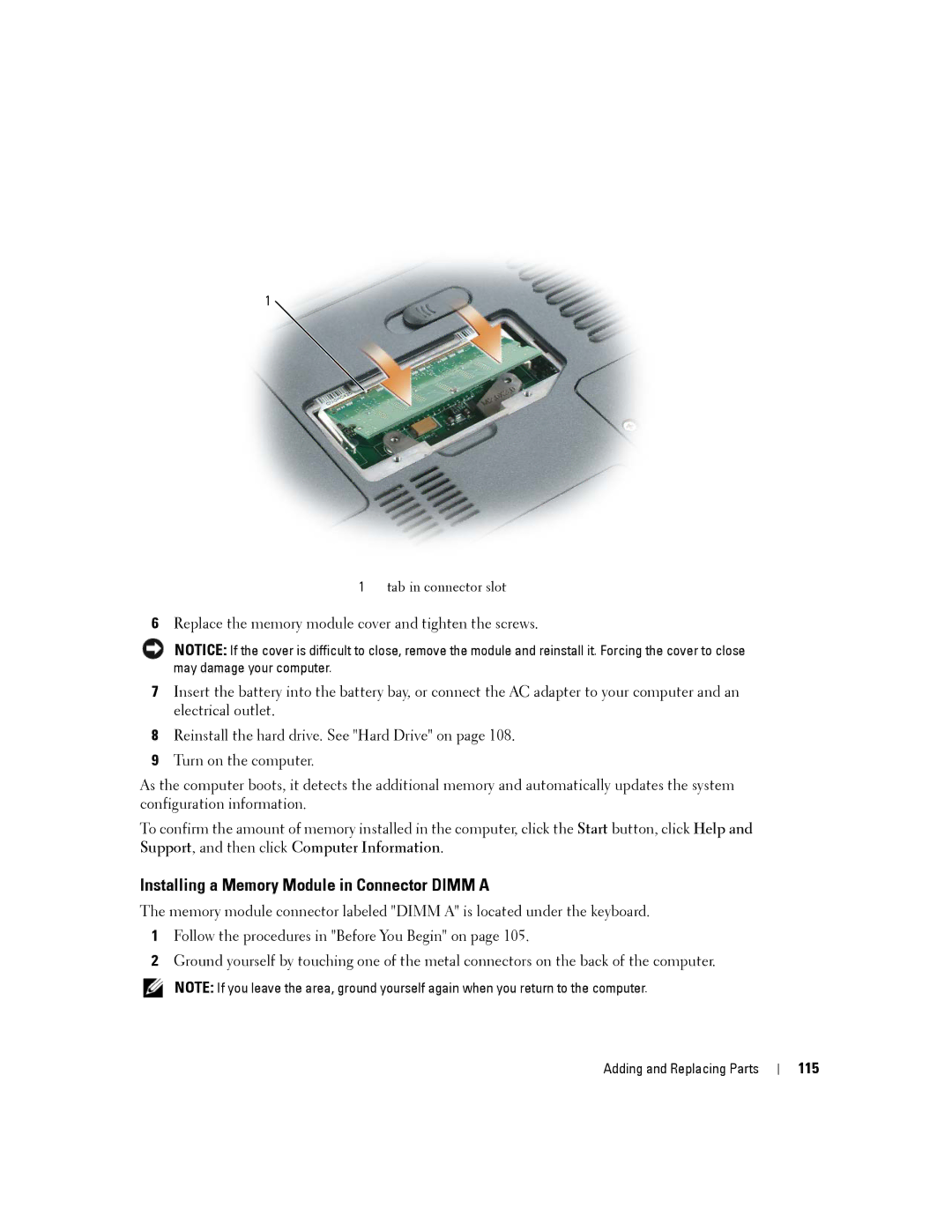 Dell PP19L, 140M owner manual Installing a Memory Module in Connector Dimm a, 115 