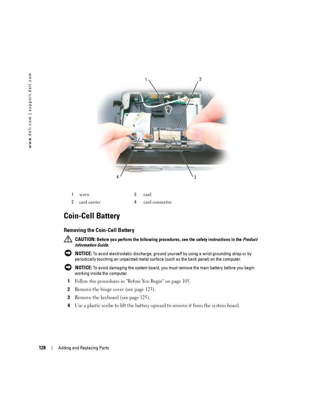 Dell 140M, PP19L owner manual Removing the Coin-Cell Battery, 128 