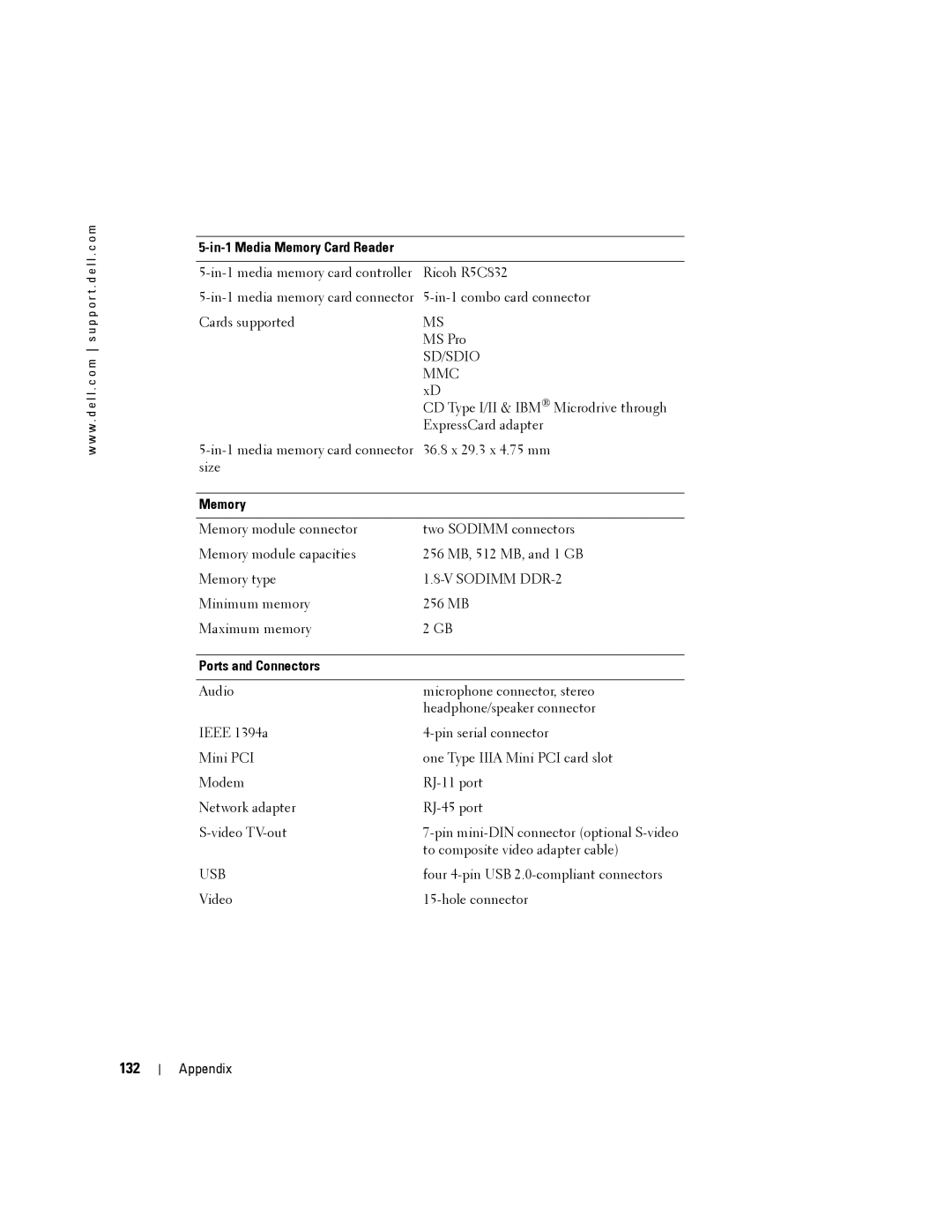 Dell 140M, PP19L owner manual 132, In-1 Media Memory Card Reader, Ports and Connectors 