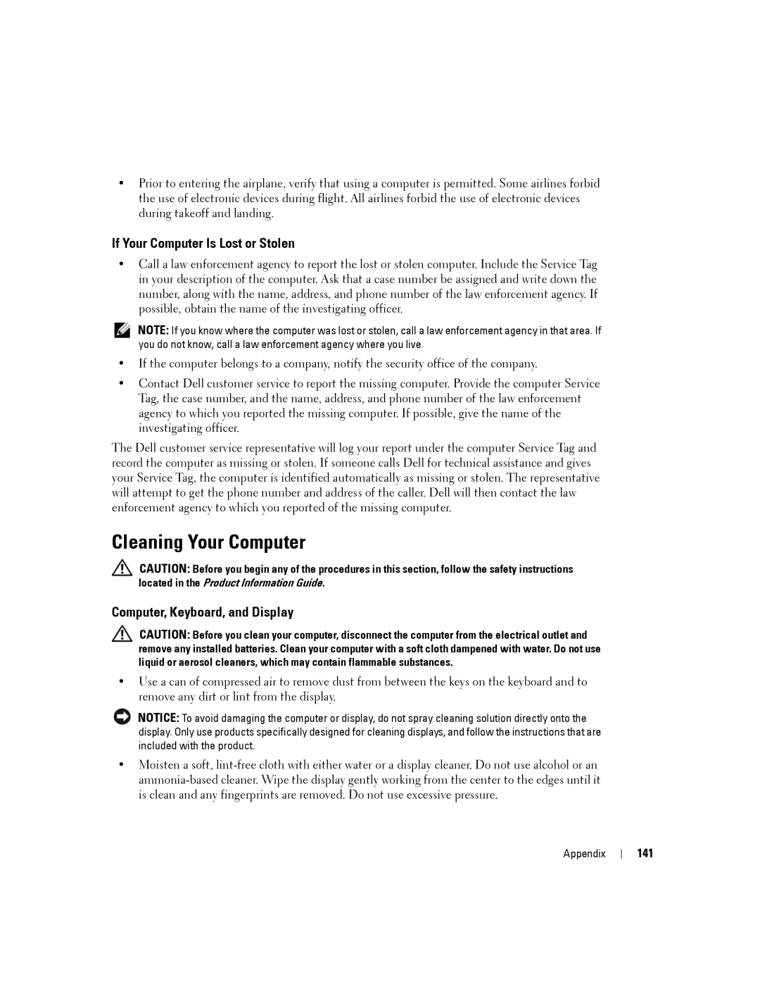 Dell PP19L, 140M Cleaning Your Computer, If Your Computer Is Lost or Stolen, Computer, Keyboard, and Display, 141 
