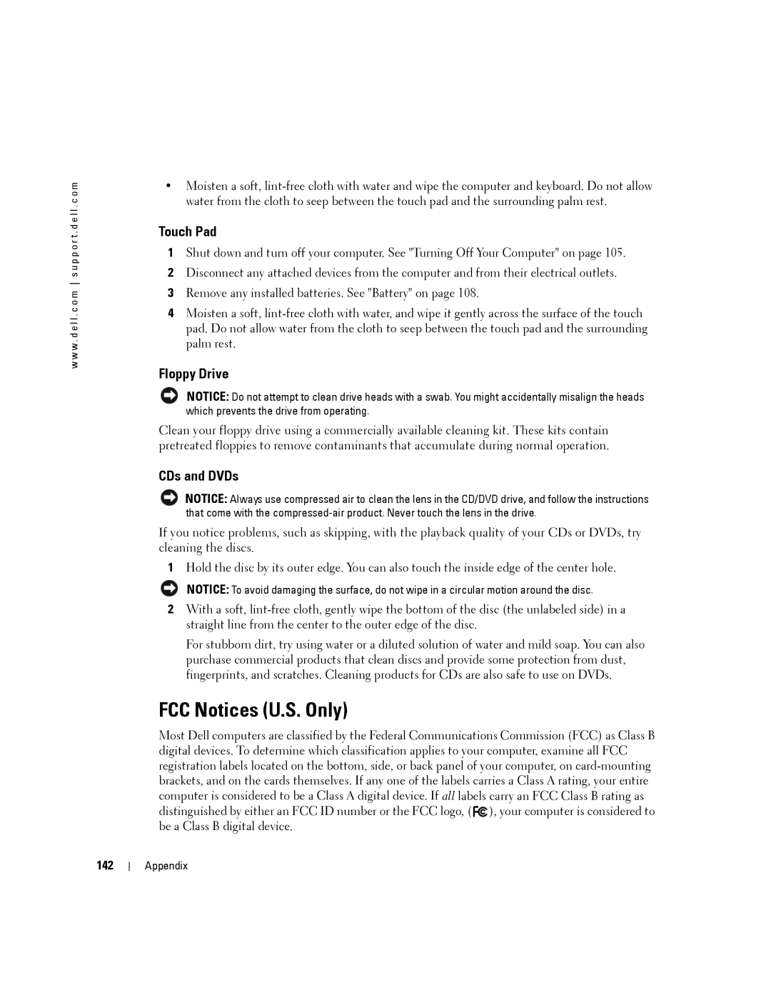 Dell 140M, PP19L owner manual FCC Notices U.S. Only, Touch Pad, Floppy Drive, CDs and DVDs, 142 