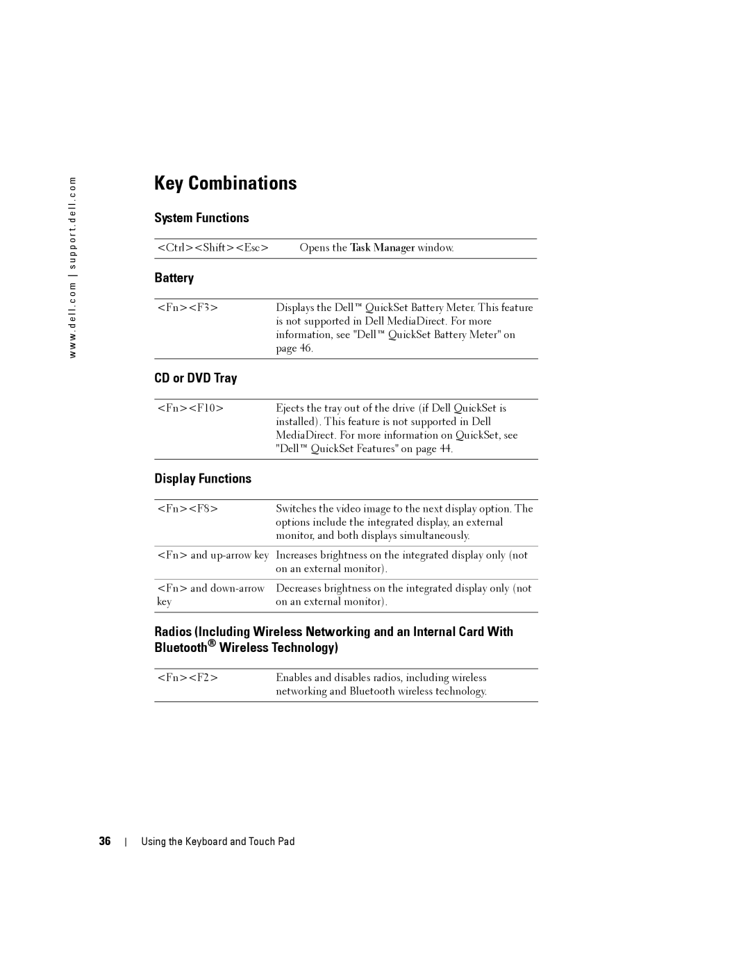 Dell 140M, PP19L owner manual Key Combinations, System Functions, Battery, CD or DVD Tray, Display Functions 