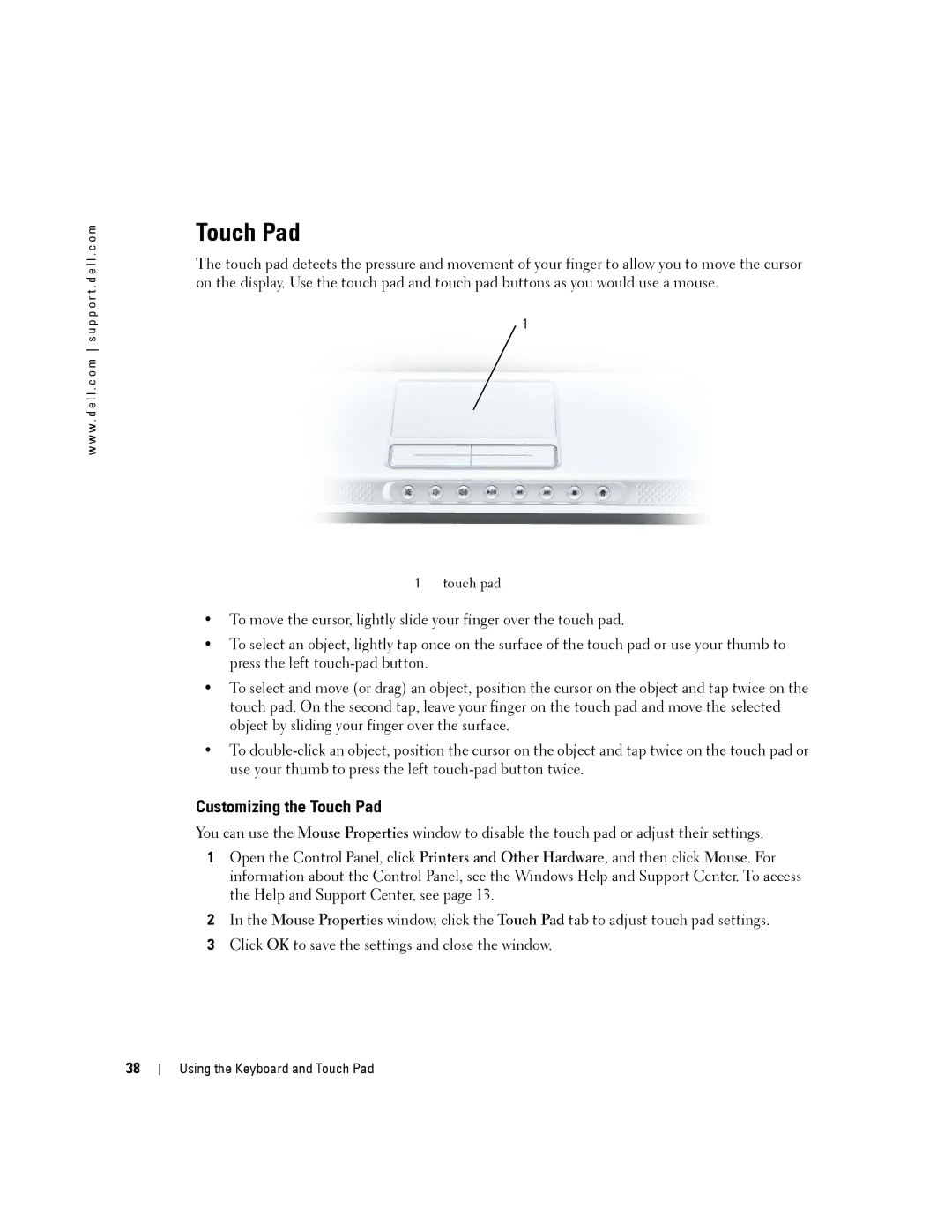 Dell 140M, PP19L owner manual Customizing the Touch Pad 