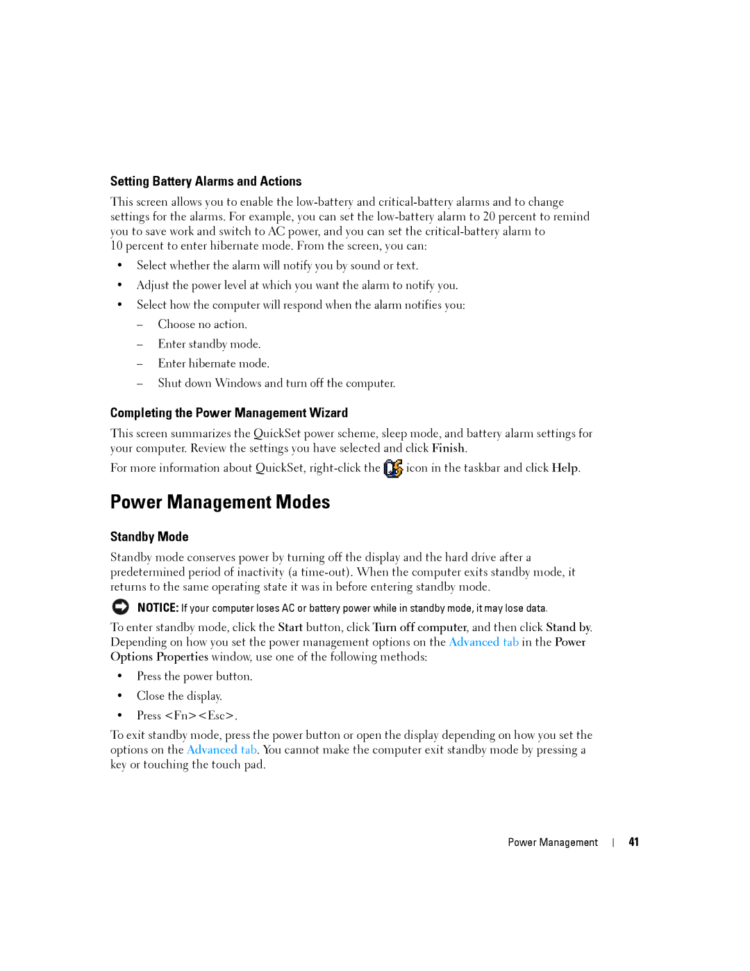 Dell PP19L, 140M Power Management Modes, Setting Battery Alarms and Actions, Completing the Power Management Wizard 