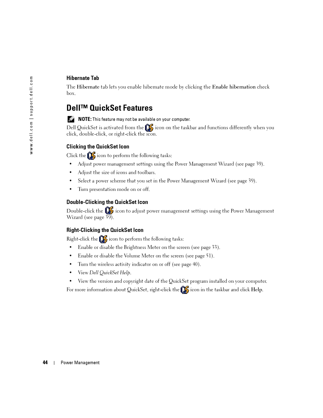 Dell 140M Dell QuickSet Features, Hibernate Tab, Double-Clicking the QuickSet Icon, Right-Clicking the QuickSet Icon 