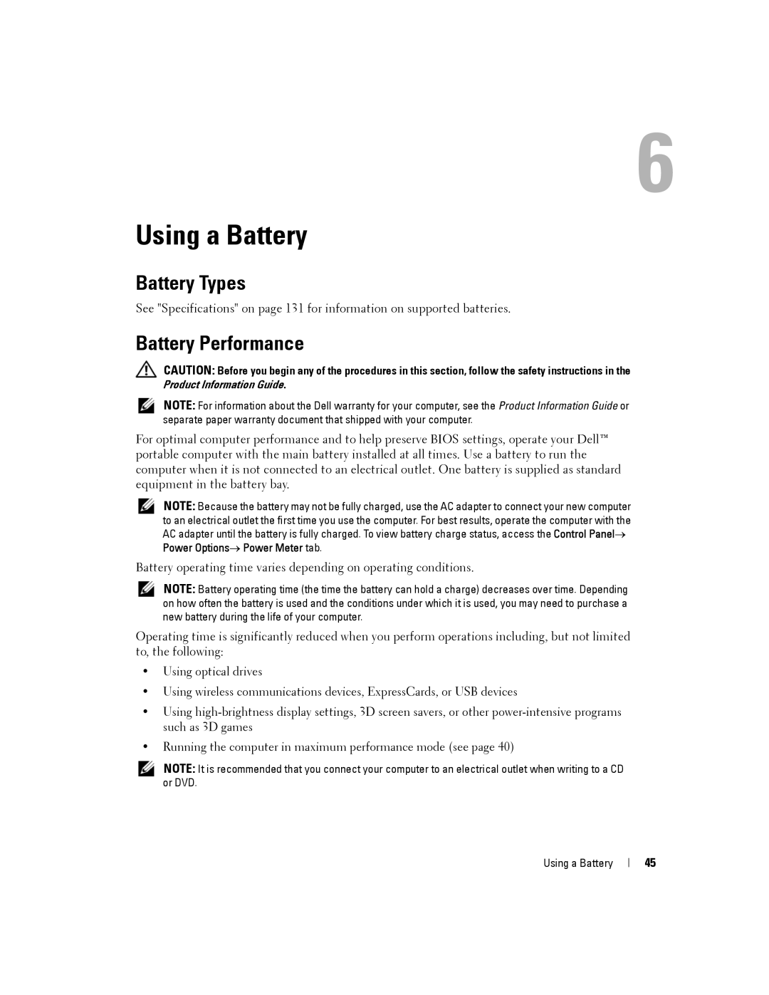 Dell PP19L, 140M owner manual Using a Battery, Battery Types, Battery Performance 