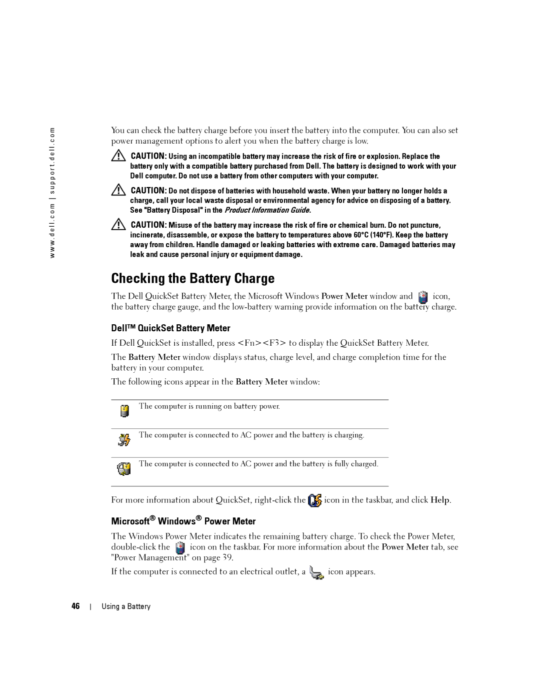 Dell 140M, PP19L owner manual Checking the Battery Charge, Dell QuickSet Battery Meter, Microsoft Windows Power Meter 