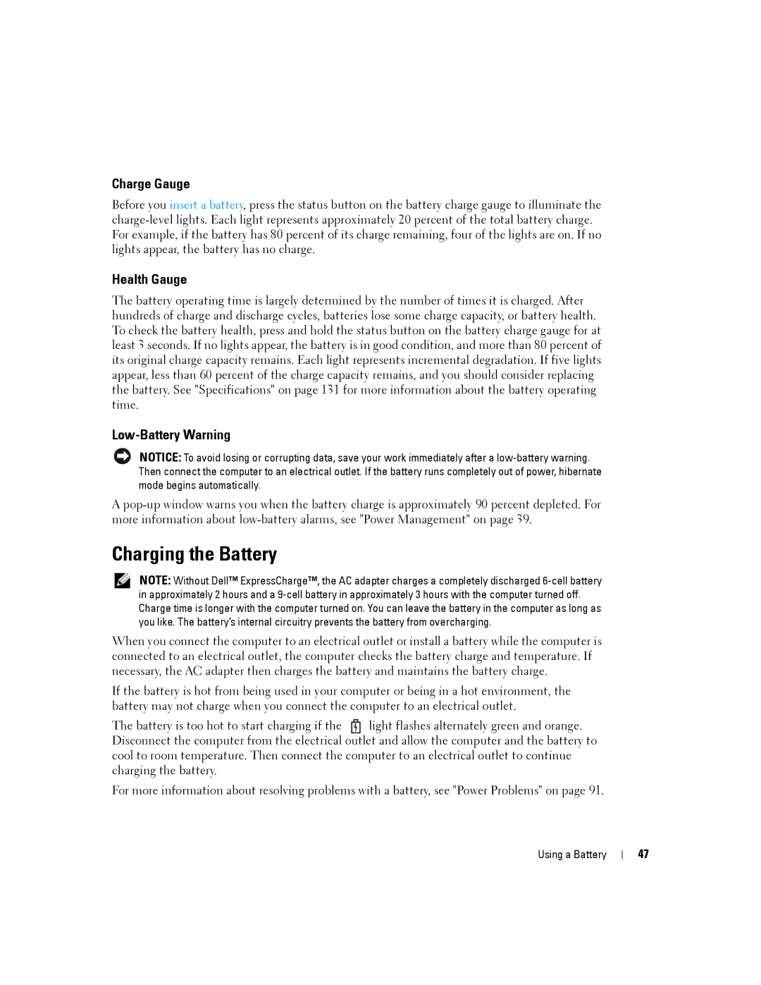 Dell PP19L, 140M owner manual Charging the Battery, Charge Gauge, Health Gauge, Low-Battery Warning 