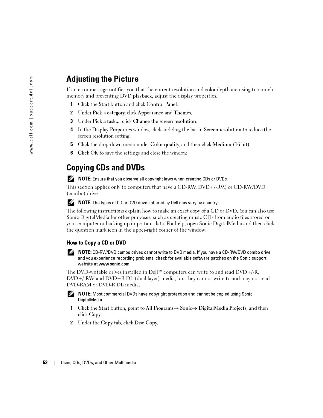 Dell 140M, PP19L owner manual Adjusting the Picture, Copying CDs and DVDs, How to Copy a CD or DVD 