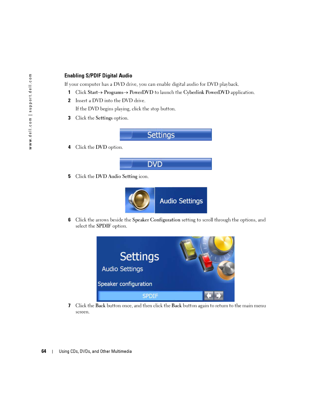 Dell 140M, PP19L owner manual Enabling S/PDIF Digital Audio, Click the DVD Audio Setting icon 