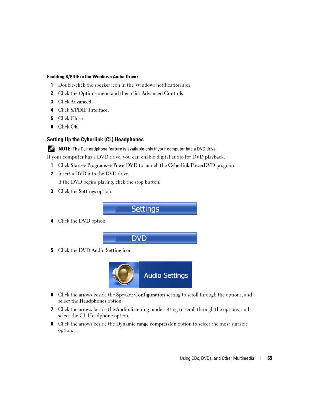 Dell PP19L, 140M owner manual Setting Up the Cyberlink CL Headphones, Enabling S/PDIF in the Windows Audio Driver 