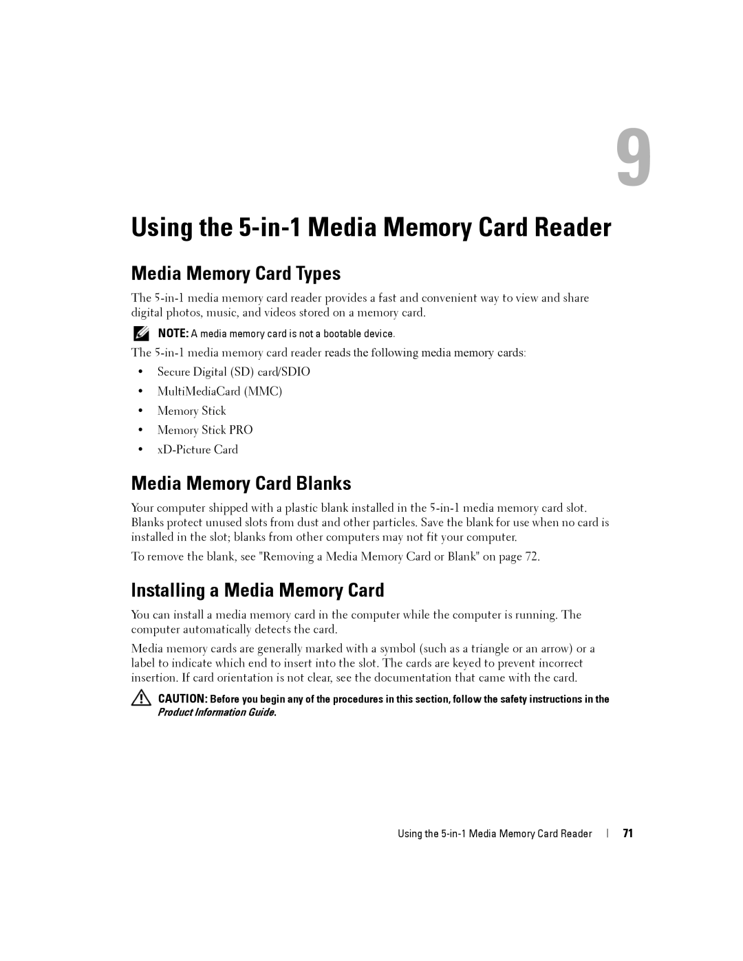 Dell PP19L, 140M owner manual Using the 5-in-1 Media Memory Card Reader, Media Memory Card Types, Media Memory Card Blanks 