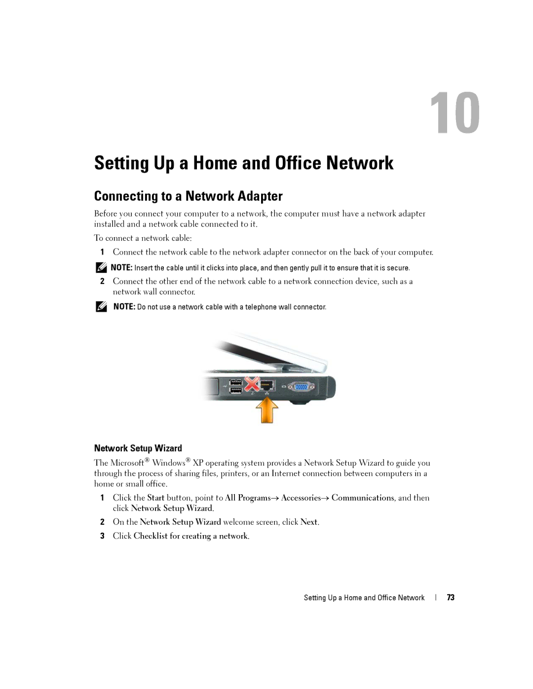 Dell PP19L, 140M owner manual Setting Up a Home and Office Network, Connecting to a Network Adapter, Network Setup Wizard 